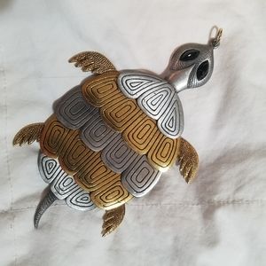 Vintage Pewter & Brass BIG Sea Turtle Pendant